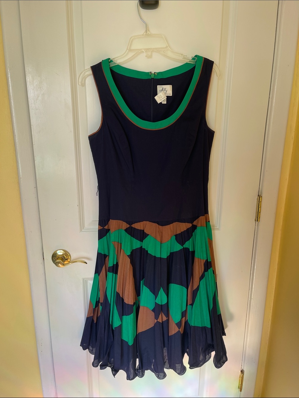 Milly Navy Sleeveless Fit-and-Flare Dress with Green and Brown Accents